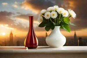 a vase with flowers and a candle on a table with a city in the background. AI-Generated photo