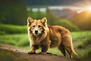 un perro es en pie en un suciedad la carretera en el medio de un campo. generado por ai foto