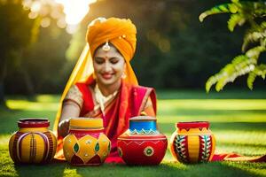 un mujer en un indio atuendo se sienta en el césped con vistoso ollas. generado por ai foto