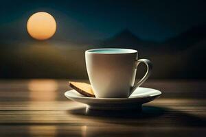 a cup of coffee on a table with a full moon in the background. AI-Generated photo