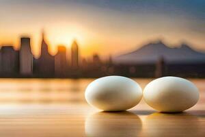 two eggs on a table with a city in the background. AI-Generated photo