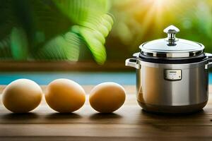 an electric pressure cooker with eggs on a table. AI-Generated photo