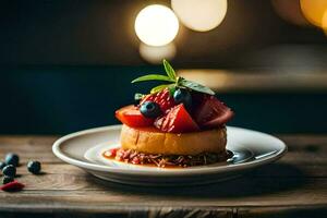 a dessert with berries and strawberries on top. AI-Generated photo