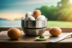 eggs in a bowl on a wooden table. AI-Generated photo