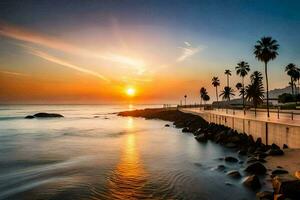 the sun sets over the ocean in front of palm trees. AI-Generated photo