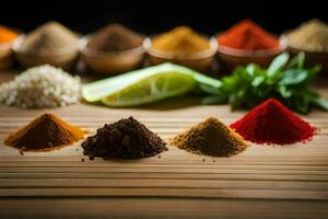 various spices and herbs are arranged in bowls. AI-Generated photo