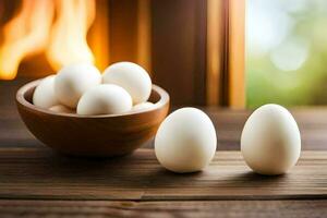 white eggs in a bowl on a wooden table. AI-Generated photo