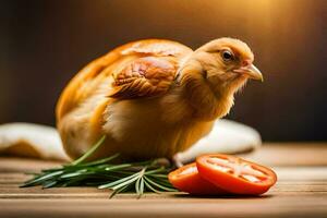 a chicken with tomatoes and rosemary on a wooden table. AI-Generated photo