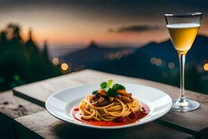 spaghetti with meat and tomato sauce on a plate with a glass of wine. AI-Generated photo