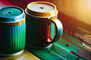 two colorful coffee mugs sit on a table. AI-Generated photo