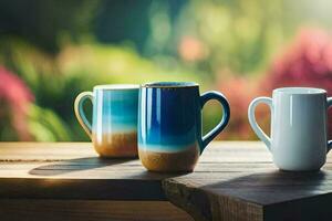 three coffee mugs on a wooden table. AI-Generated photo