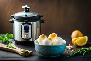 instant pot with eggs and herbs. AI-Generated photo