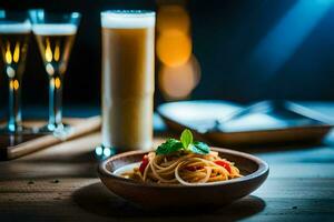 spaghetti and beer on a wooden table. AI-Generated photo