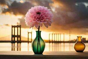 two vases with pink flowers sit on a table in front of a river. AI-Generated photo