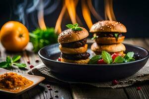 Tres hamburguesas en un plato con salsa y especias generado por ai foto