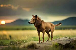 a horse standing on a rock in the middle of a field. AI-Generated photo