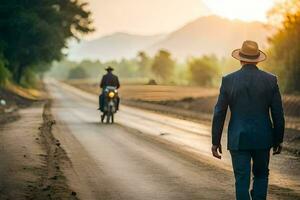 a man in a suit and hat walking down a road with a motorcycle. AI-Generated photo