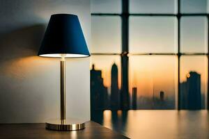 a lamp on a table in front of a cityscape. AI-Generated photo