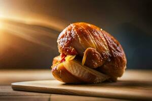 a piece of chicken on a wooden cutting board. AI-Generated photo