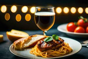 un plato de espaguetis con carne y un pan y un vaso de cerveza. generado por ai foto