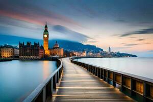 a long wooden walkway over the water with a clock tower in the background. AI-Generated photo