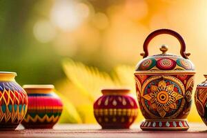 colorful pottery on a table with a bright background. AI-Generated photo