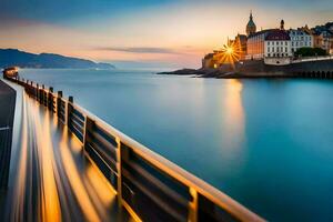 a long exposure photograph of a train traveling along a bridge. AI-Generated photo