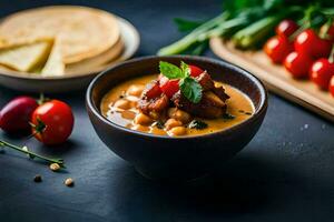 chicken and chickpea soup with tomatoes and herbs. AI-Generated photo