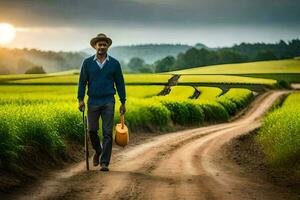 un hombre caminando mediante un campo con un caña. generado por ai foto