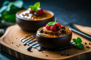 two dessert bowls with berries and chocolate. AI-Generated photo