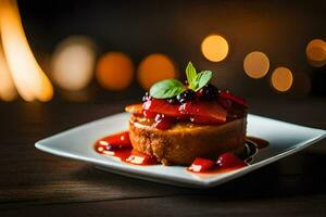 a dessert on a plate with berries and syrup. AI-Generated photo