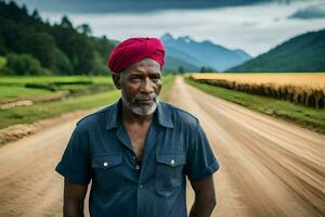 a man in a red turban standing on a dirt road. AI-Generated photo