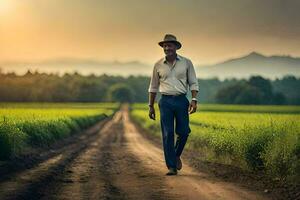 un hombre en un sombrero y camisa caminando abajo un suciedad la carretera. generado por ai foto