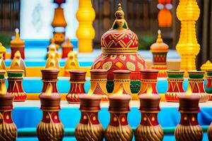 colorful wooden chess pieces are arranged on a table. AI-Generated photo