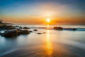 the sun rises over the ocean in this long exposure photograph. AI-Generated photo