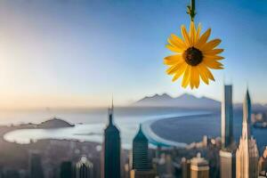 a sunflower is hanging from a branch over a cityscape. AI-Generated photo