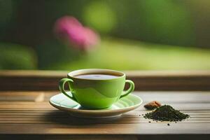 un taza de verde té en un de madera mesa. generado por ai foto
