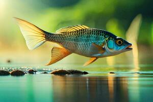 pescado en el agua con un verde antecedentes. generado por ai foto