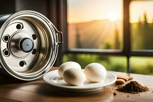 eggs on a plate next to a pot. AI-Generated photo