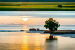 a tree is reflected in the water at sunset. AI-Generated photo