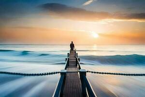 a man standing on a pier looking out at the ocean. AI-Generated photo