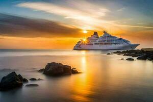 un crucero Embarcacion en el Oceano a puesta de sol. generado por ai foto