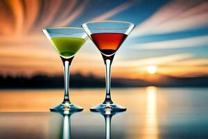 two martinis are sitting on a table with a sunset in the background. AI-Generated photo