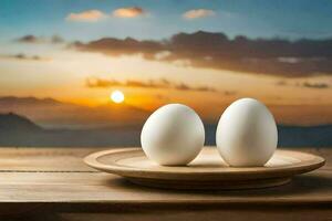 two eggs on a plate with a sunset in the background. AI-Generated photo
