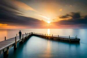 a man stands on a pier looking at the sun. AI-Generated photo