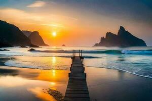 un de madera muelle Guías a el Oceano a puesta de sol. generado por ai foto