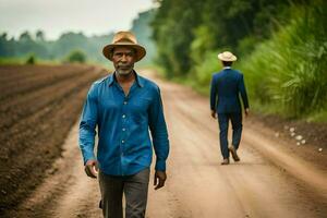 a man in a blue shirt and hat walking down a dirt road. AI-Generated photo