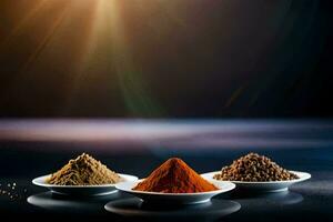 three different spices in white bowls on a black background. AI-Generated photo