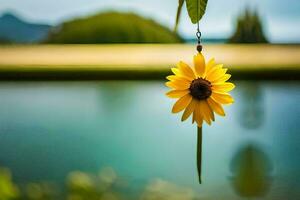 a yellow sunflower hanging from a tree near a lake. AI-Generated photo