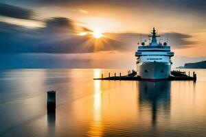 a cruise ship docked at the pier at sunset. AI-Generated photo